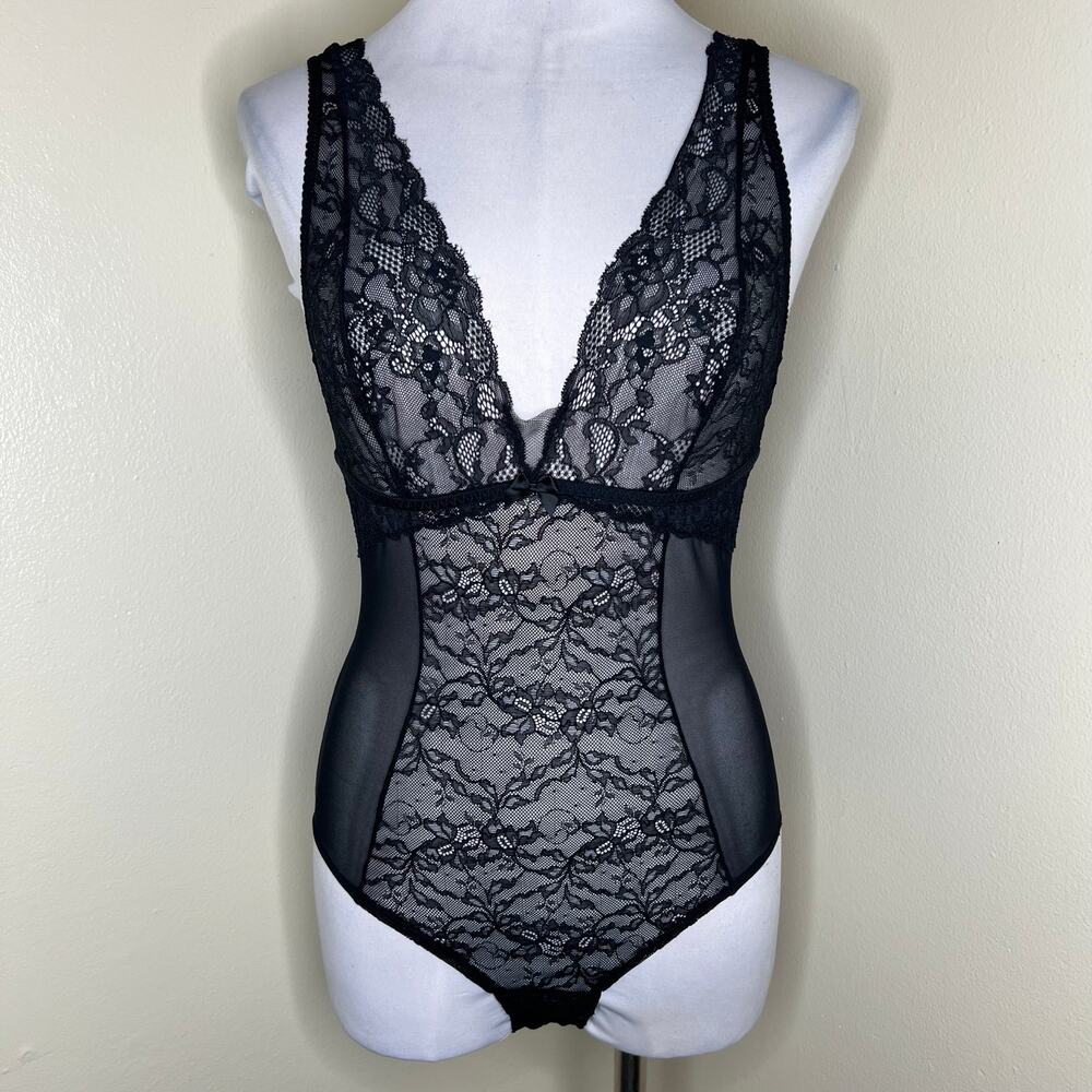 Gilligan & O'Malley Bodysuit Large Womens Lace Lingerie Plunge Sexy Black Sheer